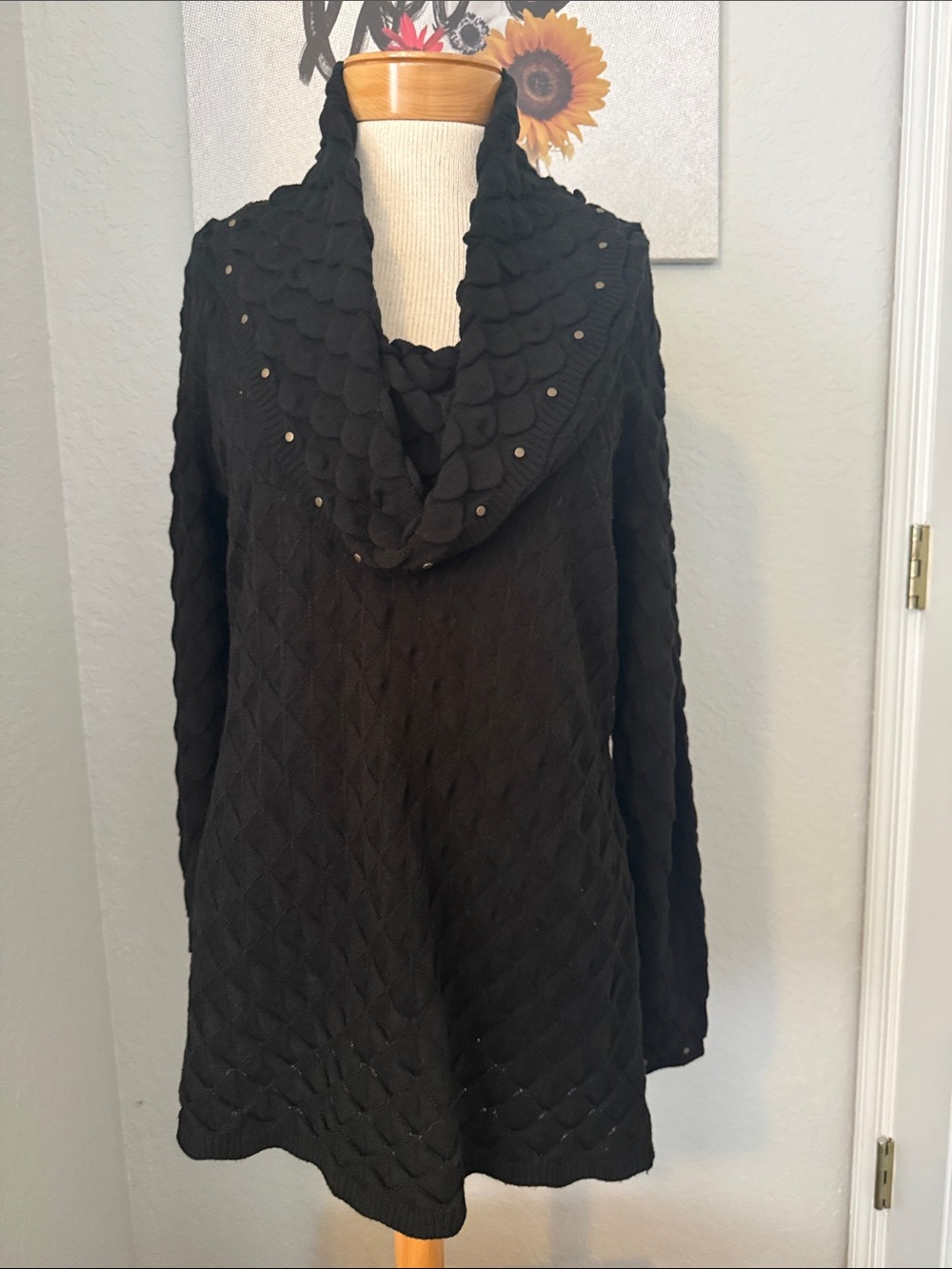 Peck & Peck Black Studded Cowl Neck Knit Sweater